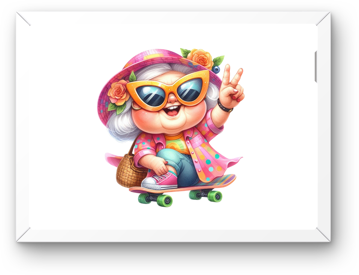 Cool Granny Skateboarder Wall Art | Funky Sunglasses Grandma Print | Fun Birthday Gift