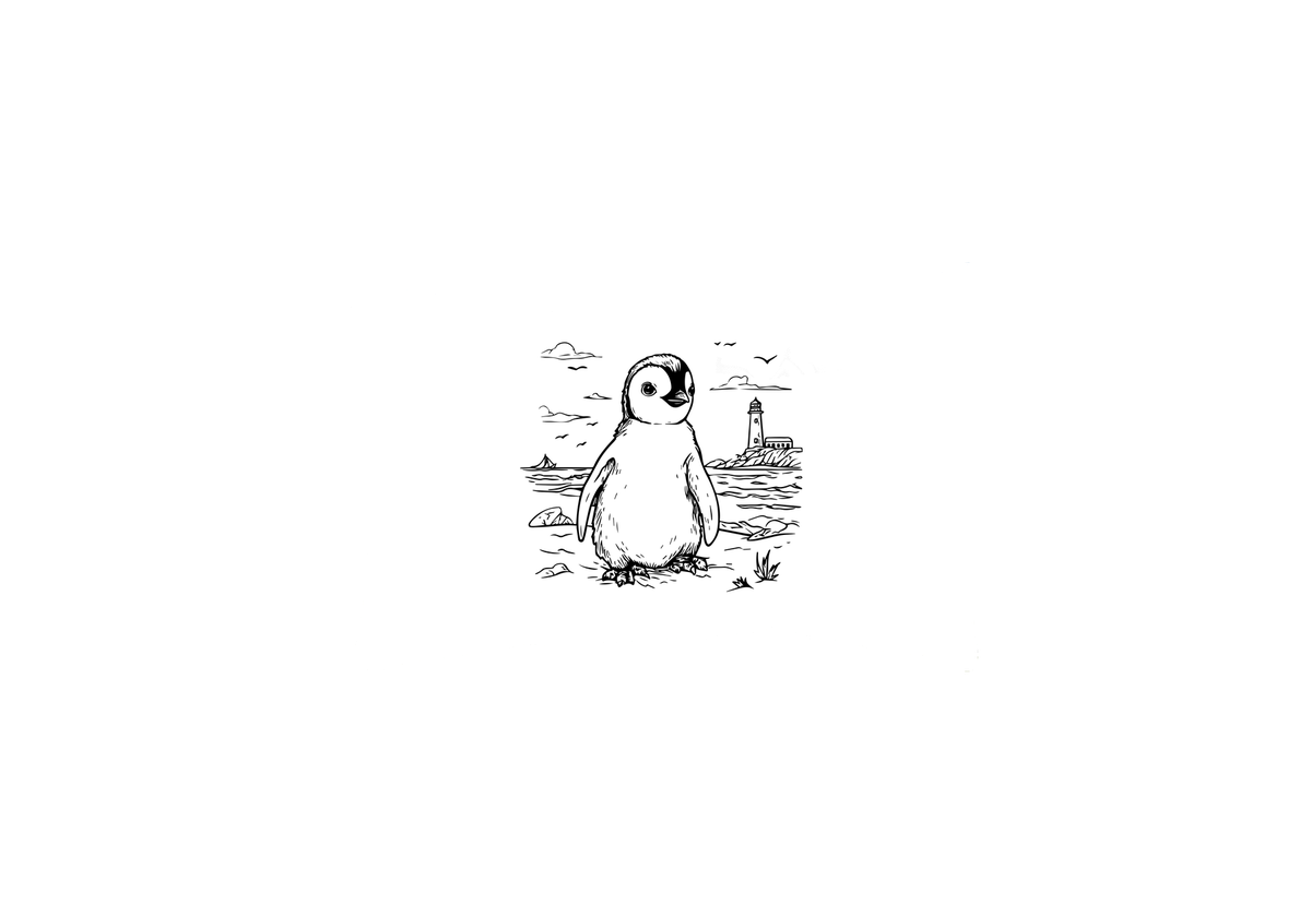 Penguin by the Sea Throw Pillow | Hand-Drawn Lighthouse Coastal Decorative Pillow | Nature Gift