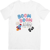 Thumbnail for Boom Boom Baby Rocket Footprints T-Shirt | Colorful Fun Pregnancy Announcement Graphic Tee | Baby Shower Gift