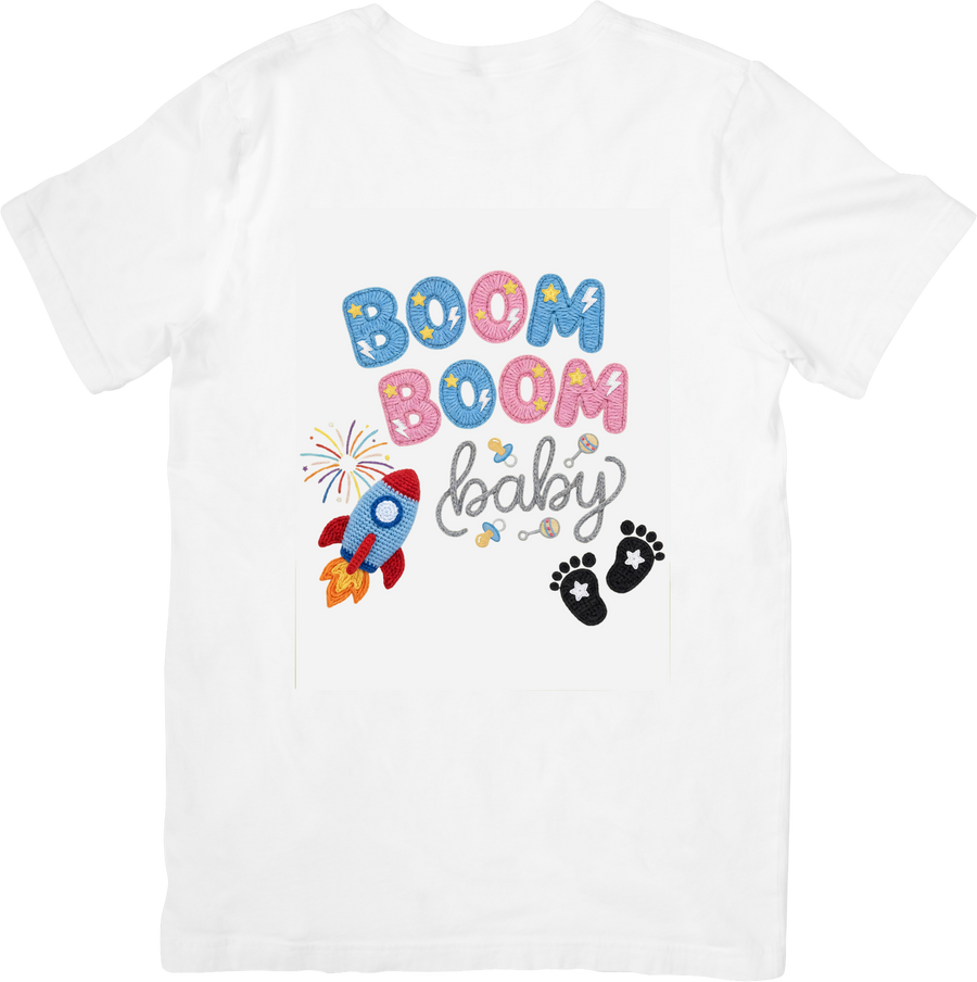 Boom Boom Baby Rocket Footprints T-Shirt | Colorful Fun Pregnancy Announcement Graphic Tee | Baby Shower Gift