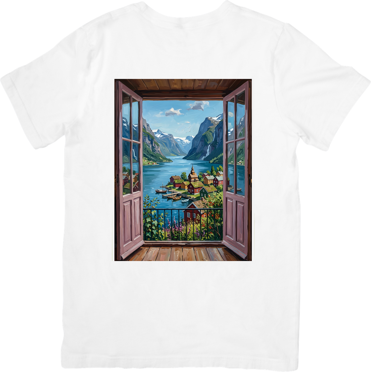 Mountain Lake Window View T-Shirt | Scenic Fjord Open Window Graphic Tee | Nature Lover Gift