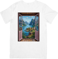 Thumbnail for Mountain Lake Window View T-Shirt | Scenic Fjord Open Window Graphic Tee | Nature Lover Gift