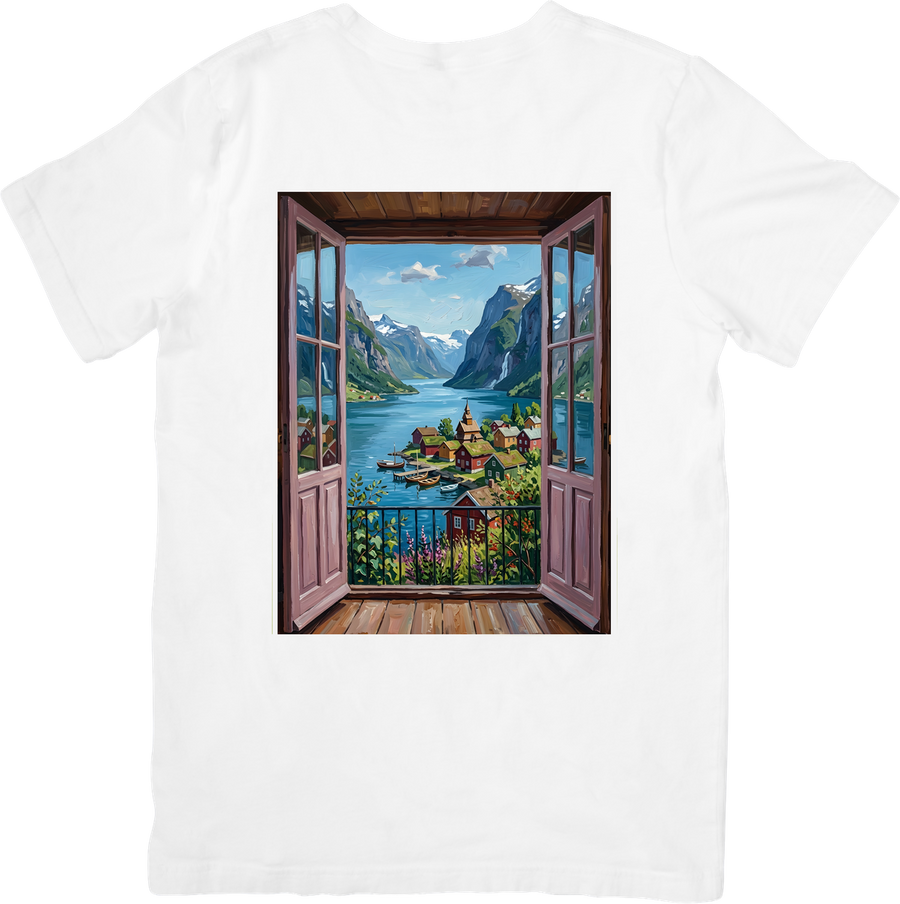 Mountain Lake Window View T-Shirt | Scenic Fjord Open Window Graphic Tee | Nature Lover Gift