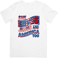 Thumbnail for She Loves Jesus And America Too T-Shirt | Patriotic Christian Flag Graphic Tee | 4th Of July Gift