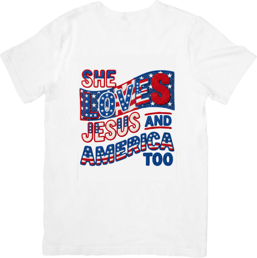 She Loves Jesus And America Too T-Shirt | Patriotic Christian Flag Graphic Tee | 4th Of July Gift