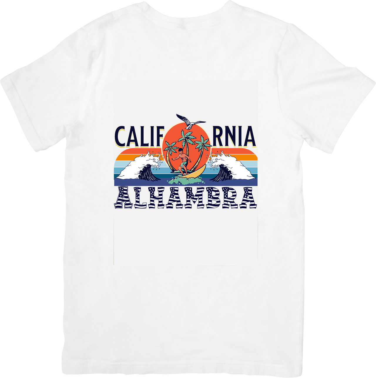 California Alhambra Retro Sunset Beach T-Shirt | Vintage Surfing Palm Trees Graphic Tee