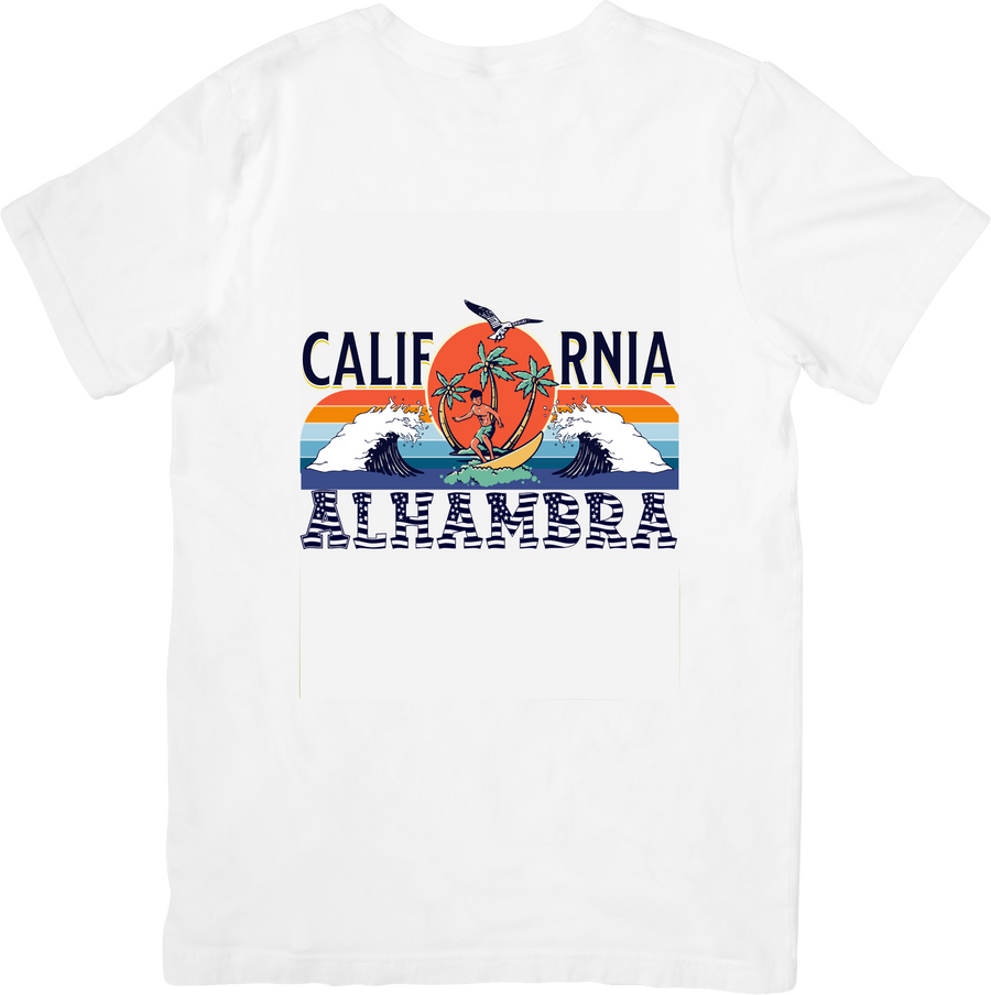 California Alhambra Retro Sunset Beach T-Shirt | Vintage Surfing Palm Trees Graphic Tee