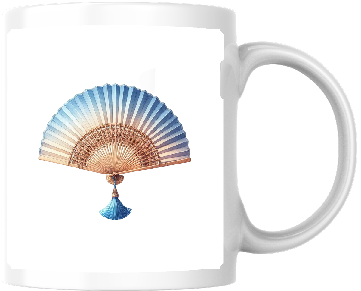 Folding Hand Fan Mug | Elegant Blue Tassel Fan Coffee Mug | Asian Decor Lover Gift