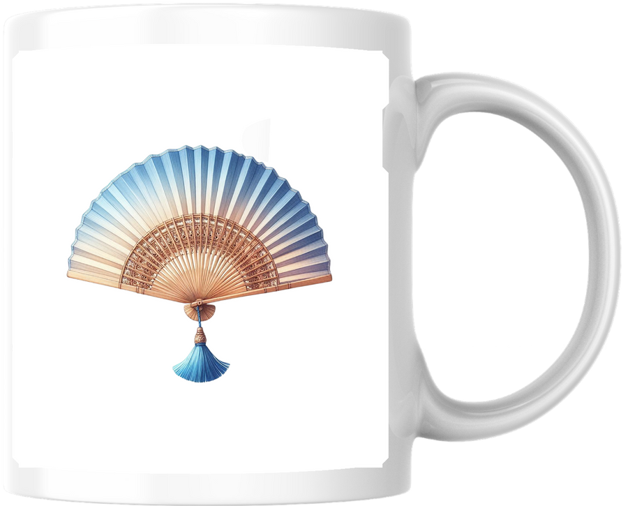 Folding Hand Fan Mug | Elegant Blue Tassel Fan Coffee Mug | Asian Decor Lover Gift