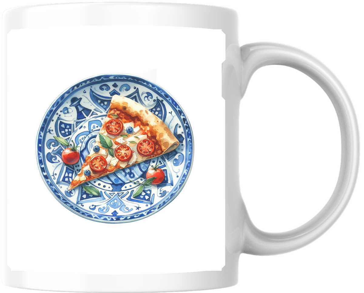 Pizza Slice On Blue Mosaic Plate Mug | Mediterranean Foodie Coffee Mug | Pizza Lover Gift