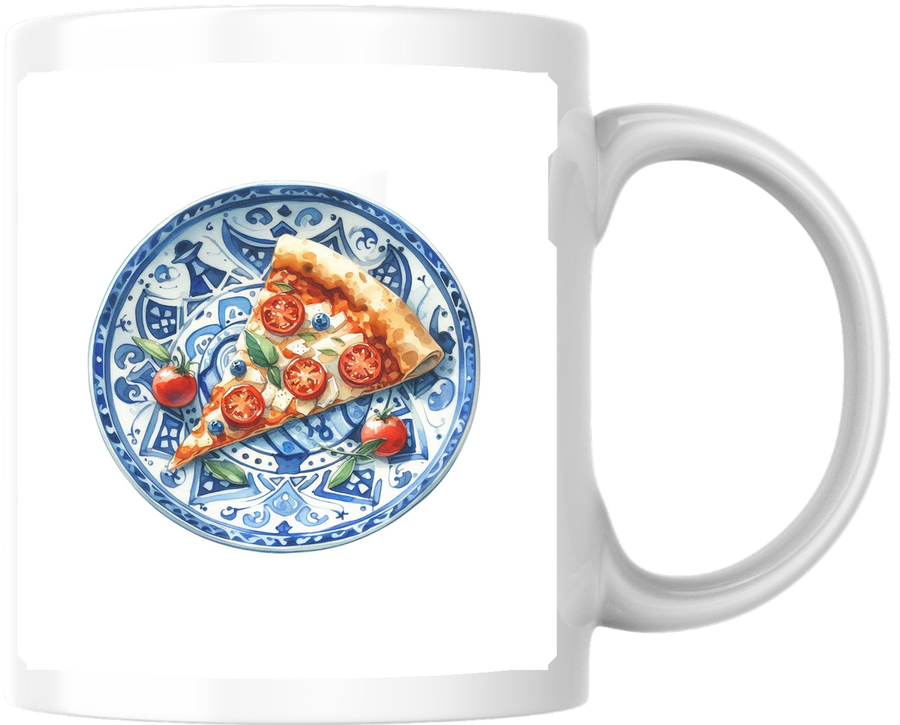 Pizza Slice On Blue Mosaic Plate Mug | Mediterranean Foodie Coffee Mug | Pizza Lover Gift