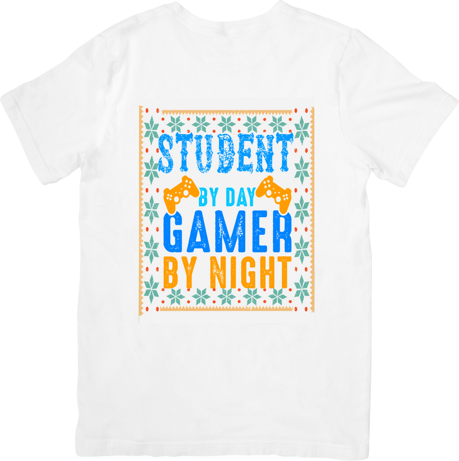 Student By Day Gamer By Night T-Shirt | Colorful Ugly Sweater Style Gaming Graphic Tee | Gamer Gift