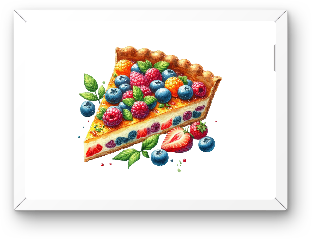 Mixed Berry Fruit Tart Wall Art | Colorful Watercolor Dessert Print | Bakery Kitchen Gift