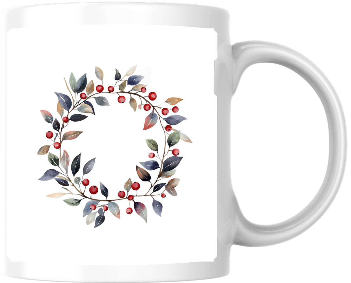 Berry Wreath Mug | Watercolor Botanical Leaf & Red Berry Coffee Mug | Cozy Home Gift