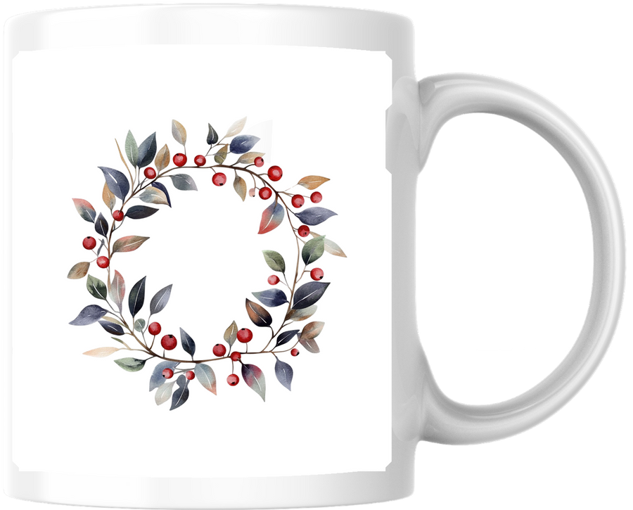 Berry Wreath Mug | Watercolor Botanical Leaf & Red Berry Coffee Mug | Cozy Home Gift